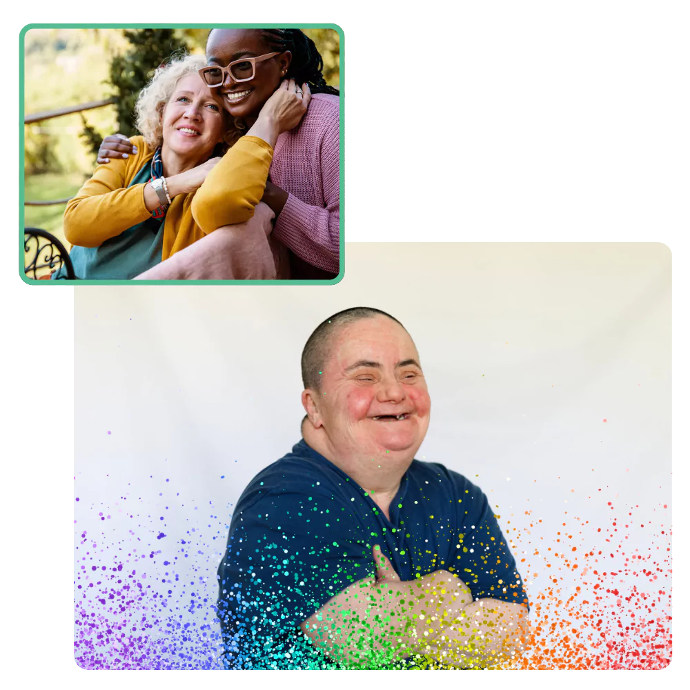 Two images; one with disabled woman smiling with arms crossed and another of two friends hugging